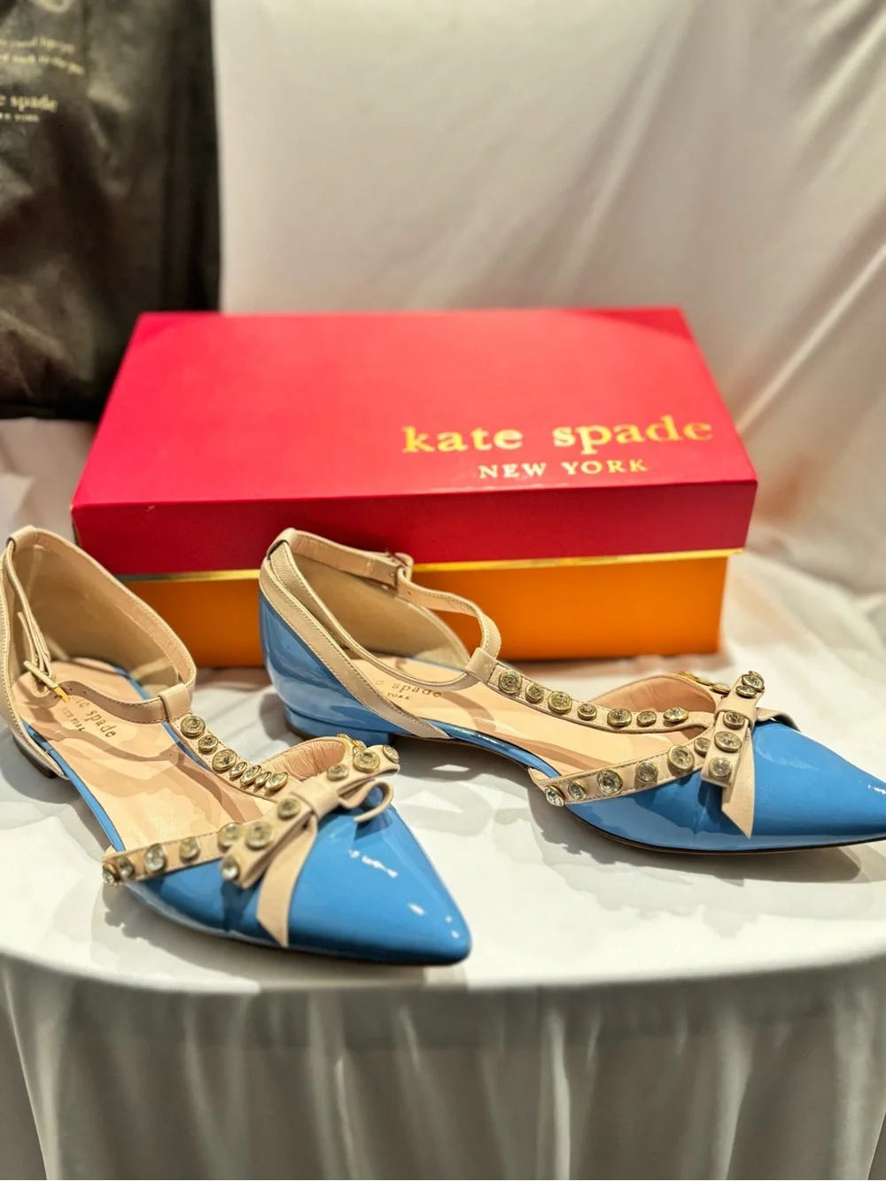 kate spade Blue and Beige Studded T-Strap Pointed Heels